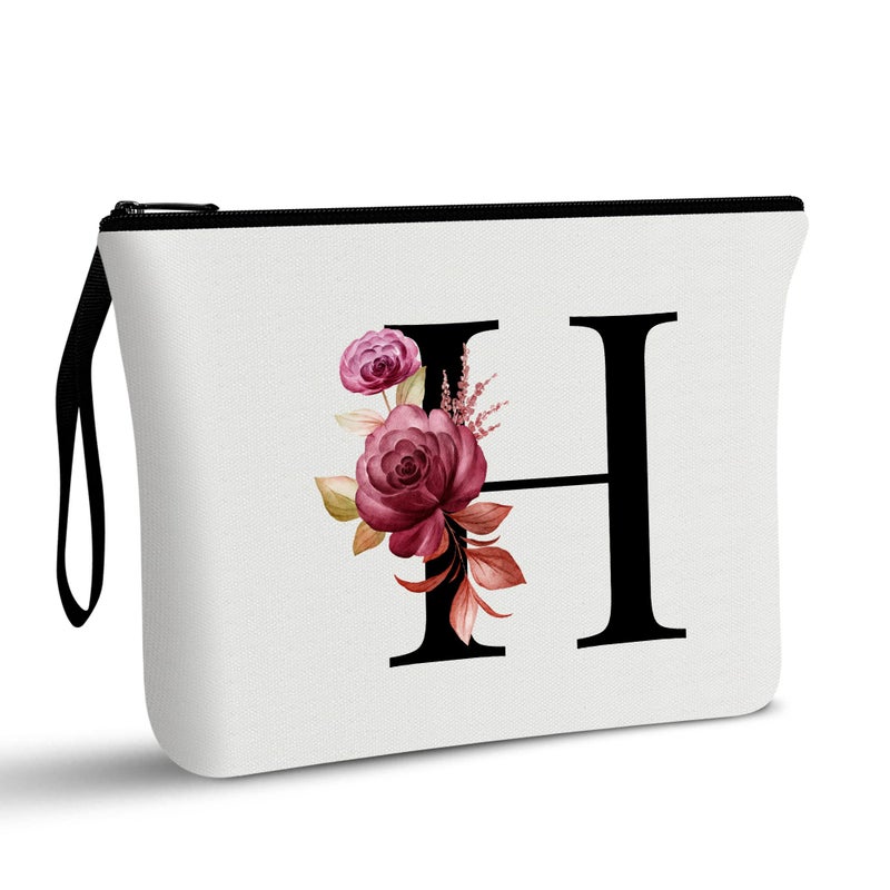 Vavabox A-Z Personalized Makeup Bag Birthday Gifts for Women Mom Gifts for Best Friend Bride Bridesmaid Cosmetic bag (H  White) - Image 1